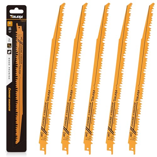 TOLESA Wood Pruning Reciprocating Saw Blades 12 inch 5 TPI Sawzall Blades Green Wood Construction Wood Cutting and PVC Pipe Cutting CRV Sharp Ground Teeth for Quick Cutting Sabre Saw Blades 5 Pack