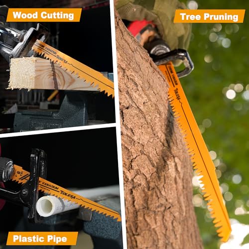 TOLESA Wood Pruning Reciprocating Saw Blades 12 inch 5 TPI Sawzall Blades Green Wood Construction Wood Cutting and PVC Pipe Cutting CRV Sharp Ground Teeth for Quick Cutting Sabre Saw Blades 5 Pack