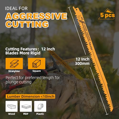 TOLESA Wood Pruning Reciprocating Saw Blades 12 inch 5 TPI Sawzall Blades Green Wood Construction Wood Cutting and PVC Pipe Cutting CRV Sharp Ground Teeth for Quick Cutting Sabre Saw Blades 5 Pack