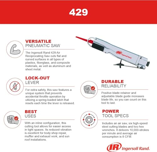 Ingersoll Rand 429 Air Reciprocating Saw, Heavy Duty, Lock Out Lever, 6 Cutting Blades, Positive Blade Retainer, 10,000 Strokes Per Min, Silver