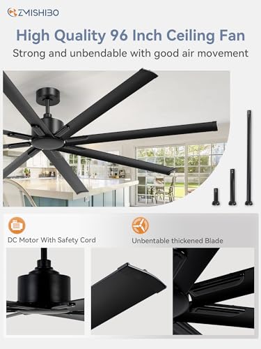 ZMISHIBO 96 Inch Industrial DC Motor Ceiling Fan, Large Ceiling Fan with 8 Reversible Blades, 3 Downrods, 6-Speed Remote Control, Home or Commercial Ceiling Fans for Porch/Garage/Shop, Black