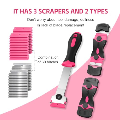Ywmoml 3 Pack Razor Blade Scraper, Plastic Razor Blade Scraper, Scraper Tool with Extra 30 Plastic Razor Blades and 30 Metal Blades, Razor Scraper for Gum, Cooktop, Wallpaper or Glass Tool (Pink)