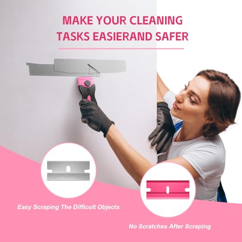 Ywmoml 3 Pack Razor Blade Scraper, Plastic Razor Blade Scraper, Scraper Tool with Extra 30 Plastic Razor Blades and 30 Metal Blades, Razor Scraper for Gum, Cooktop, Wallpaper or Glass Tool (Pink)
