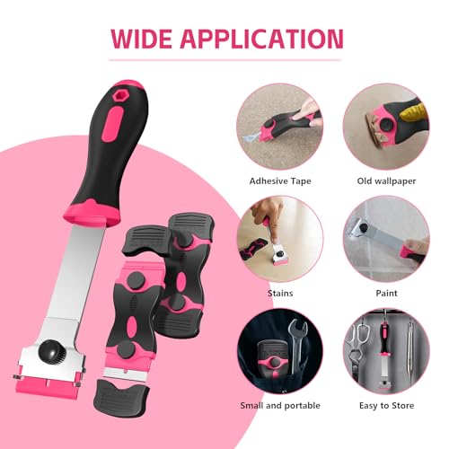 Ywmoml 3 Pack Razor Blade Scraper, Plastic Razor Blade Scraper, Scraper Tool with Extra 30 Plastic Razor Blades and 30 Metal Blades, Razor Scraper for Gum, Cooktop, Wallpaper or Glass Tool (Pink)