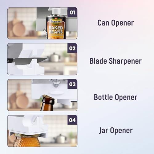 Electric Can Opener - 4 in 1 Under the Cabinet Mounted Can Opener, Blade Sharpener, Bottle Opener, Jar Opener, Mounting Bracket, Large or Small Cans for Seniors with Arthritis - Elitra Home (White)