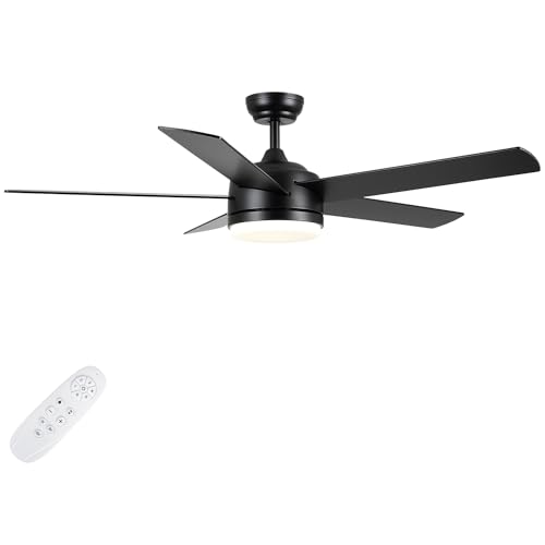 52 Inch Black Ceiling Fan with Light and Remote Control. Dimmable 3 Color Temperatures LED Ceiling Fan. 6 Speeds Reversible DC Motor.5 Blades Modern Ceiling Fans for Indoor or Covered Outdoor.