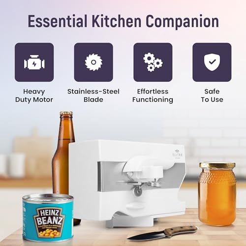 Electric Can Opener - 4 in 1 Under the Cabinet Mounted Can Opener, Blade Sharpener, Bottle Opener, Jar Opener, Mounting Bracket, Large or Small Cans for Seniors with Arthritis - Elitra Home (White)