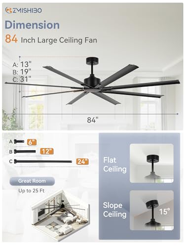 ZMISHIBO 84 Inch Industrial DC Motor Ceiling Fan, Large Ceiling Fan with 8 Reversible Blades, 3 Downrods, 6-Speed Remote Control, Home or Commercial Ceiling Fans for Porch/Garage/Shop, Black
