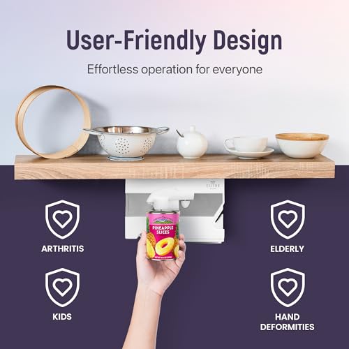 Electric Can Opener - 4 in 1 Under the Cabinet Mounted Can Opener, Blade Sharpener, Bottle Opener, Jar Opener, Mounting Bracket, Large or Small Cans for Seniors with Arthritis - Elitra Home (White)