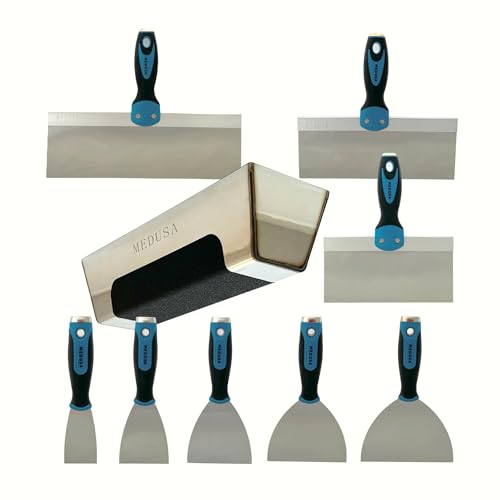 Stainless Steel Drywall Taping Knife Set with Professional Grade Mud Pan with Grip, 2",3",4",5",6",8",10",12" Blades to Tape,Finishing,skim or Repair Drywall, Navajas para, Espátulas para Drywall
