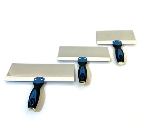 Stainless Steel Drywall Taping Knife Set with Professional Grade Mud Pan with Grip, 2",3",4",5",6",8",10",12" Blades to Tape,Finishing,skim or Repair Drywall, Navajas para, Espátulas para Drywall