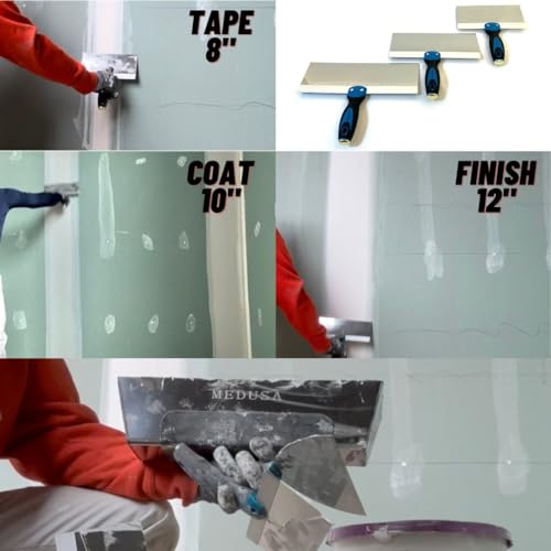Stainless Steel Drywall Taping Knife Set with Professional Grade Mud Pan with Grip, 2",3",4",5",6",8",10",12" Blades to Tape,Finishing,skim or Repair Drywall, Navajas para, Espátulas para Drywall