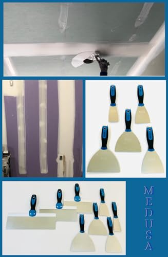Stainless Steel Drywall Taping Knife Set with Professional Grade Mud Pan with Grip, 2",3",4",5",6",8",10",12" Blades to Tape,Finishing,skim or Repair Drywall, Navajas para, Espátulas para Drywall
