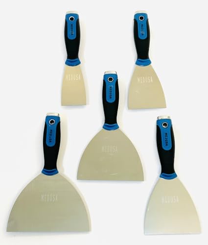 Stainless Steel Drywall Taping Knife Set with Professional Grade Mud Pan with Grip, 2",3",4",5",6",8",10",12" Blades to Tape,Finishing,skim or Repair Drywall, Navajas para, Espátulas para Drywall