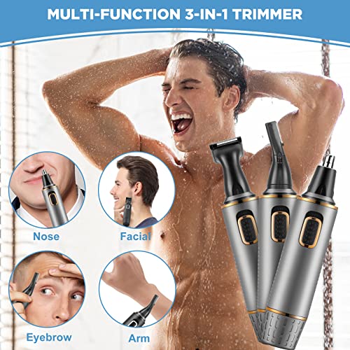 Nose Hair Trimmer for Men Rechargeable 3-IN-1 Versatile nose hair trimmer Professional Painless Hair Trimmer for Nose Ear Beard Facial Pubic Hair Trimmer for Men, Wet or Dry Use,Dual Edge Blades