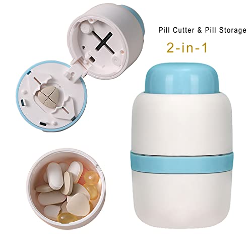 Safety Hidden Blade Pill Cutter and Storage for Splitting Small and Large Tablet Into Half or Quarter (Blue)