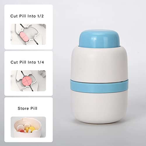 Safety Hidden Blade Pill Cutter and Storage for Splitting Small and Large Tablet Into Half or Quarter (Blue)