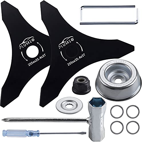 PLUMIA (2-Set 10" x 3 Teeth Carbon Steel Brush Cutter Weed Eater Blades with Blade Adapter Attachment for 20mm or 25.4mm Arbor - Compatible with Husqvarna, Stihl, Ego, and More