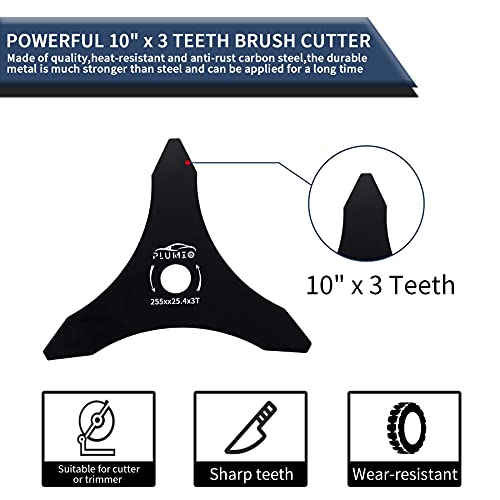 PLUMIA (2-Set 10" x 3 Teeth Carbon Steel Brush Cutter Weed Eater Blades with Blade Adapter Attachment for 20mm or 25.4mm Arbor - Compatible with Husqvarna, Stihl, Ego, and More
