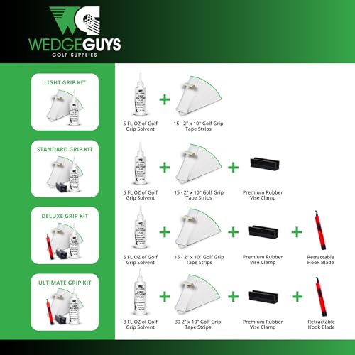 Wedge Guys Golf Grip Tape Kits for Regripping Golf Clubs - Professional Quality - Options Include Hook Blade, 15 or 30 Golf Grip Kit Tape Strips, 5 or 8 oz Grip Solvent & Rubber Vise Clamp