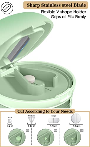 Pill Cutter Splitter with Dispenser, Pill Cutter for Small or Large Pills, Crushes Pills, Vitamins, Tablets, Stainless Steel Blade, Removable Drinking Cup (Green-1)