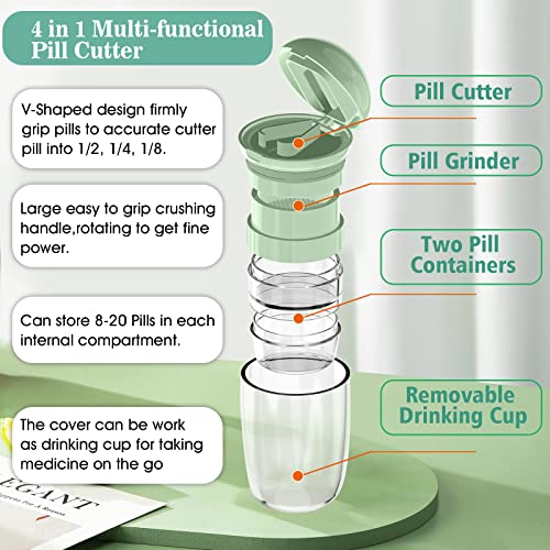 Pill Cutter Splitter with Dispenser, Pill Cutter for Small or Large Pills, Crushes Pills, Vitamins, Tablets, Stainless Steel Blade, Removable Drinking Cup (Green-1)