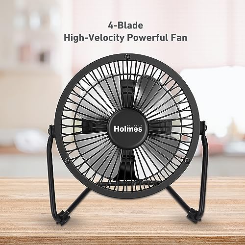 HOLMES 4" Mini High-Velocity Personal Desk Fan, 4 Blades, Adjustable 360° Head Tilt, Durable Metal Construction, Single Speed, Ideal for Home, Dorm Rooms, Bedrooms, or Offices, Black