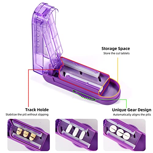 Multiple Pill Splitter, Adjustable Pill Cutter, Stainless Steel Cutting Blade & Blade Guard, with Accurate Pill Alignment, for Cutting Small Pills or Large Pills in Half (Purple)