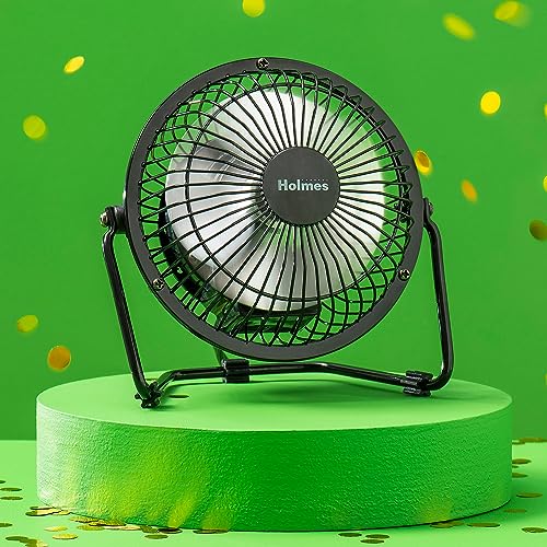 HOLMES 4" Mini High-Velocity Personal Desk Fan, 4 Blades, Adjustable 360° Head Tilt, Durable Metal Construction, Single Speed, Ideal for Home, Dorm Rooms, Bedrooms, or Offices, Black