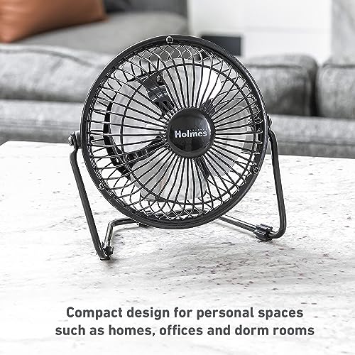 HOLMES 4" Mini High-Velocity Personal Desk Fan, 4 Blades, Adjustable 360° Head Tilt, Durable Metal Construction, Single Speed, Ideal for Home, Dorm Rooms, Bedrooms, or Offices, Black