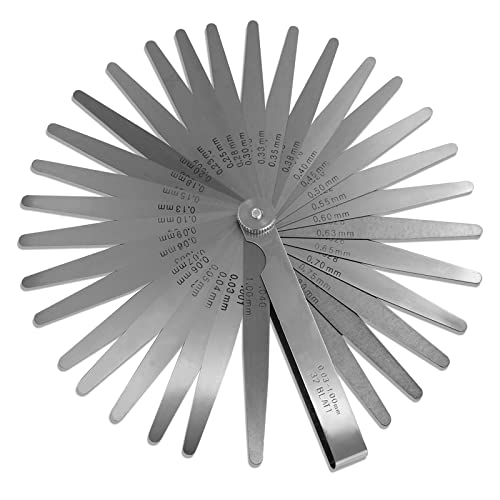 Spurtar 32 Blades Feeler Gauges 0.001-0.04" (0.03-1.00mm) Tapered Feeler Gauge Set Stainless Steel Thickness Gauges Dual Marked SAE and Metric Narrow Feeler Gauge for Measuring Gap Width or Thickness