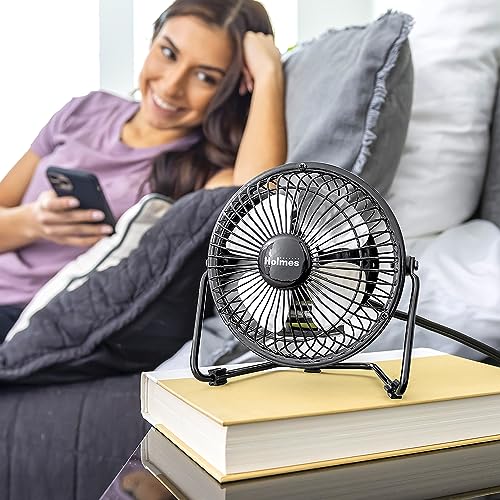HOLMES 4" Mini High-Velocity Personal Desk Fan, 4 Blades, Adjustable 360° Head Tilt, Durable Metal Construction, Single Speed, Ideal for Home, Dorm Rooms, Bedrooms, or Offices, Black