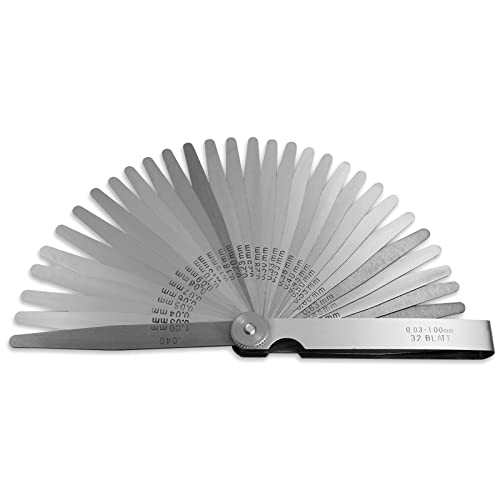 Spurtar 32 Blades Feeler Gauges 0.001-0.04" (0.03-1.00mm) Tapered Feeler Gauge Set Stainless Steel Thickness Gauges Dual Marked SAE and Metric Narrow Feeler Gauge for Measuring Gap Width or Thickness