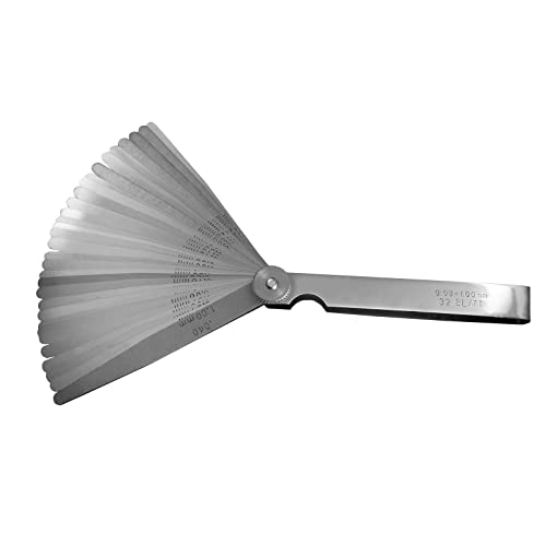 Spurtar 32 Blades Feeler Gauges 0.001-0.04" (0.03-1.00mm) Tapered Feeler Gauge Set Stainless Steel Thickness Gauges Dual Marked SAE and Metric Narrow Feeler Gauge for Measuring Gap Width or Thickness