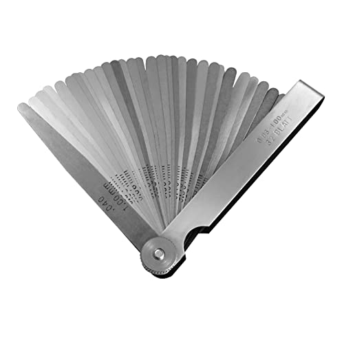 Spurtar 32 Blades Feeler Gauges 0.001-0.04" (0.03-1.00mm) Tapered Feeler Gauge Set Stainless Steel Thickness Gauges Dual Marked SAE and Metric Narrow Feeler Gauge for Measuring Gap Width or Thickness