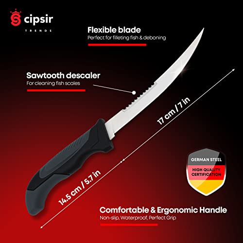 Cipsir Fillet Knife For Fish and Meat - Curved Salty Water-Resistant Made of German Steel 7 inch Blade with Sheath, Sharpener and Gift Box, Ideal for Filleting and Deboning Indoor or Outdoor
