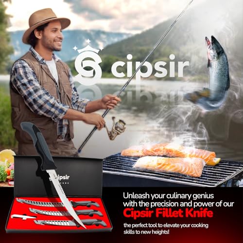 Cipsir Fillet Knife For Fish and Meat - Curved Salty Water-Resistant Made of German Steel 7 inch Blade with Sheath, Sharpener and Gift Box, Ideal for Filleting and Deboning Indoor or Outdoor