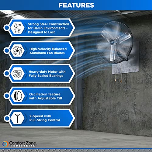 Comfort Zone Oscillating High Velocity Industrial Wall Fan, 30 inch, 2 Speed, All Metal, Adjustable Angle & Tilt, Steel Mounting Bracket, Aluminum Blades, Ideal for Garage or Workshop, CZHVW30EX