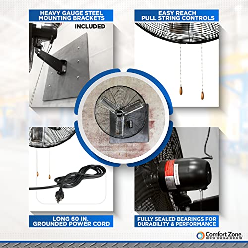Comfort Zone Oscillating High Velocity Industrial Wall Fan, 30 inch, 2 Speed, All Metal, Adjustable Angle & Tilt, Steel Mounting Bracket, Aluminum Blades, Ideal for Garage or Workshop, CZHVW30EX