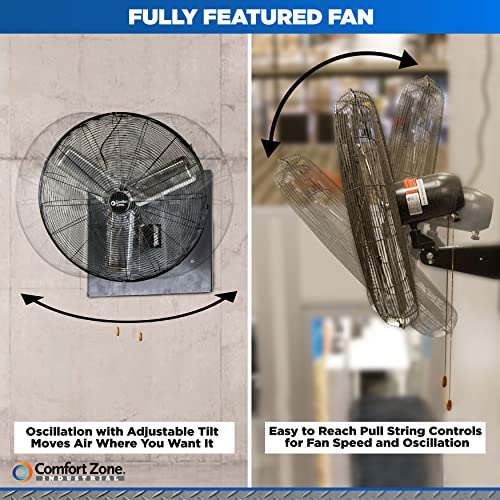 Comfort Zone Oscillating High Velocity Industrial Wall Fan, 30 inch, 2 Speed, All Metal, Adjustable Angle & Tilt, Steel Mounting Bracket, Aluminum Blades, Ideal for Garage or Workshop, CZHVW30EX