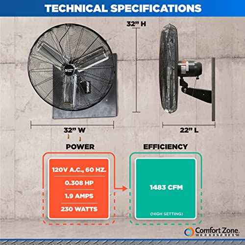 Comfort Zone Oscillating High Velocity Industrial Wall Fan, 30 inch, 2 Speed, All Metal, Adjustable Angle & Tilt, Steel Mounting Bracket, Aluminum Blades, Ideal for Garage or Workshop, CZHVW30EX