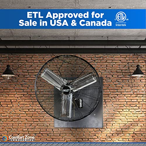 Comfort Zone Oscillating High Velocity Industrial Wall Fan, 30 inch, 2 Speed, All Metal, Adjustable Angle & Tilt, Steel Mounting Bracket, Aluminum Blades, Ideal for Garage or Workshop, CZHVW30EX