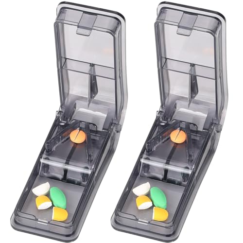 CARILTIVAN 2PCS Pill Cutter, Professional Pill Splitter with Stainless Steel Blade for Cutting Small Pills or Large Pills in Half, Pill Cutter for Small Pills 1/4 Safety Medicine Slicer (Gray)