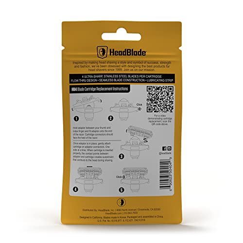 HeadBlade Men's HB4 Refill Shaving Razor Blades - 4 Stainless Steel Blades for No Tugging or Pulling, Shave Less, Works for Face, Body, and Scalp (12 Blades) 3 Pack