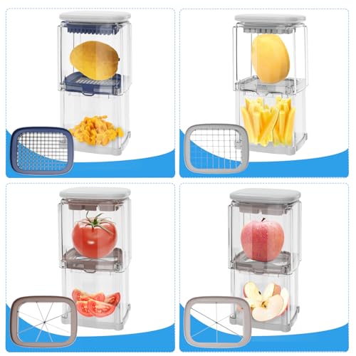 CrazyQueen French Fry Cutter 4-in-1 Food Dicer Chop Box, Potato Cutter for Fries Potato French Fry Onion Cutter Food Chopper Manual Hand Vegetable Cutter Dicer Apple Slicer, 4 Blades