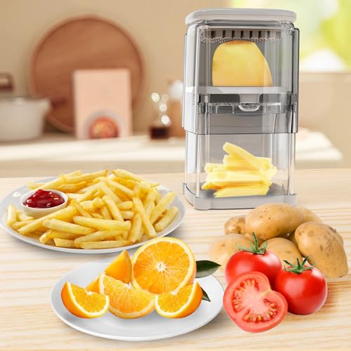 CrazyQueen French Fry Cutter 4-in-1 Food Dicer Chop Box, Potato Cutter for Fries Potato French Fry Onion Cutter Food Chopper Manual Hand Vegetable Cutter Dicer Apple Slicer, 4 Blades
