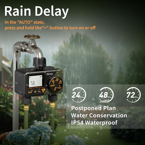 Diivoo Sprinkler Timer 2 Zone, Programmable Water Hose Timer 2 Outlet for Garden, Automatic Irrigation Timer IP54 with Rain Delay/Manual/Auto Mode, Outdoor Hose Timer Controller for Lawn, Yard, Pool