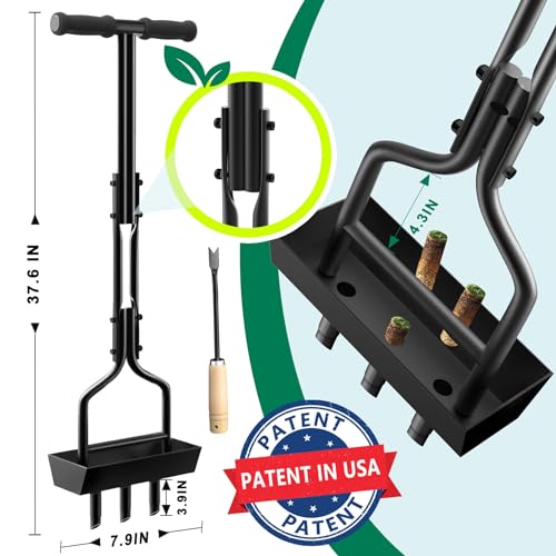 vanpein Lawn Aerator Coring Garden Tool with Soil Core Storage Tray, Manual Yard Plug Aerators & Clean Tool, Grass Aeration Gardening Tools with 3 Tines for Lawn Care, Compacted Soil, 37.6”