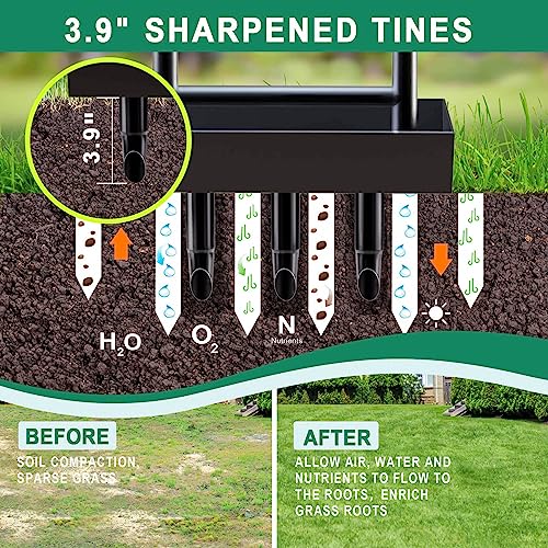vanpein Lawn Aerator Coring Garden Tool with Soil Core Storage Tray, Manual Yard Plug Aerators & Clean Tool, Grass Aeration Gardening Tools with 3 Tines for Lawn Care, Compacted Soil, 37.6”