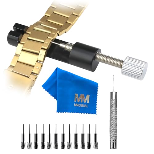 MMOBIEL Watch Link Removal Tool – Watch Band Repair Tool with 12 Extra Pins for Pin Removal & Watch Sizing – Repair Tool Kit – Metal Watch Bracelet Replacement – incl. Push Pin, Cleaning Cloth, Manual